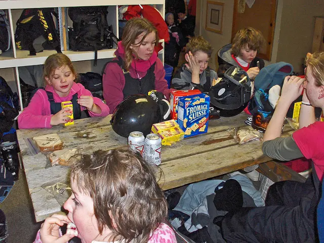 In this image I can see a group of children are sitting on the chairs around the dining table and...