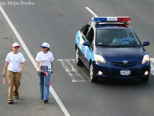 In this image there are two women walking on the road. The woman at the left side is holding a pink...