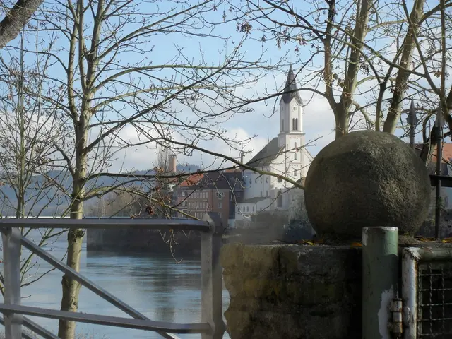 This looks like a pillar. I can see the buildings with windows. These are the trees with branches....