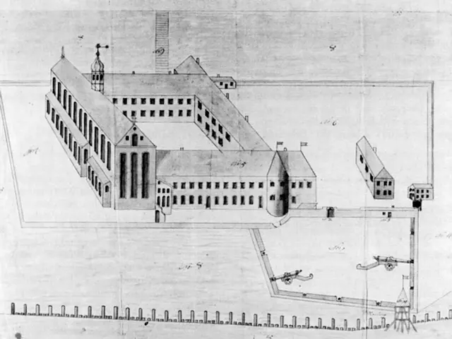 The image shows a black and white drawing of a large building with a lot of windows, which is...