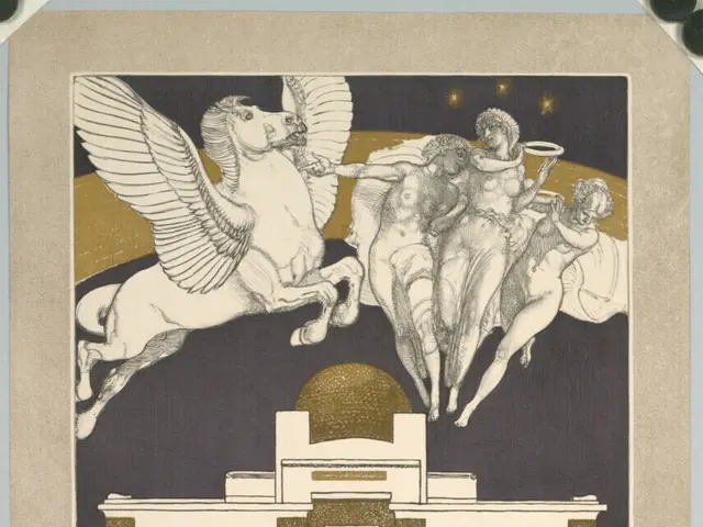 The image shows a poster advertising a secession in Vienna, Austria, featuring a picture of a horse...