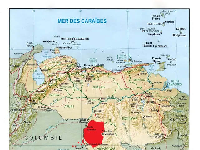 The image shows a political map of Venezuela with the capital of Venezuela highlighted in red. The...