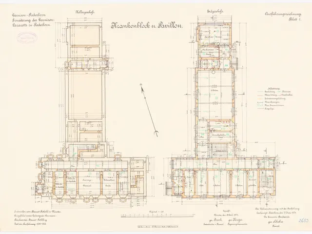 The image shows a drawing of a building with a lot of windows, which is the floor plan of the...