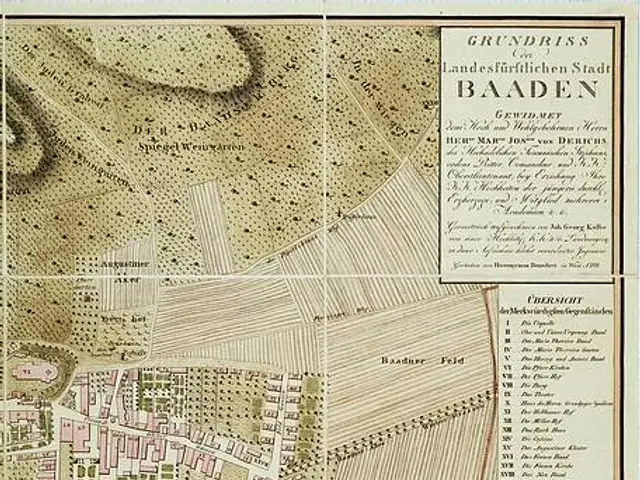 The image shows an old map of the city of Baden-Württemberg, Germany, with a building in the bottom...