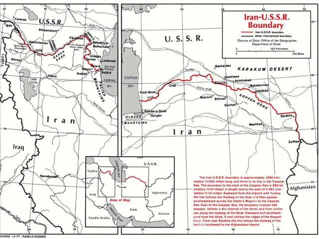 The image shows a poster with a map of the Iranian-USSR boundary, with text detailing the various...