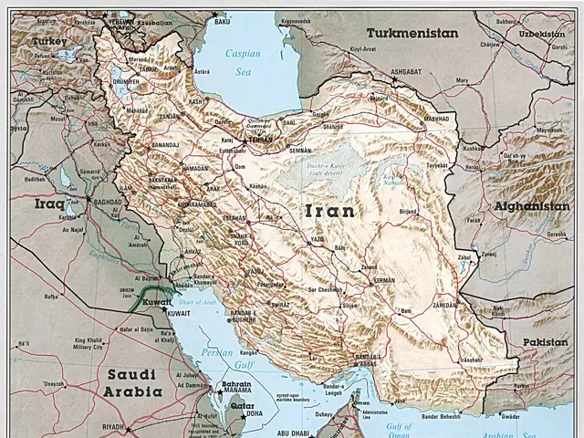 The image shows a large detailed political map of Iran, with text and numbers at the bottom. It is...