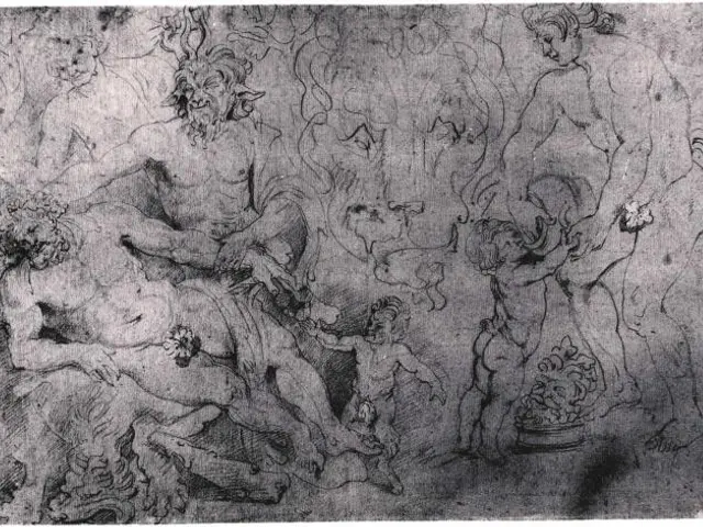 The image shows a black and white drawing of a group of people in a room, depicting the creation of...