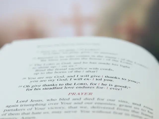The image shows an open book with the words "Prayer" written on it, set against a blurred...