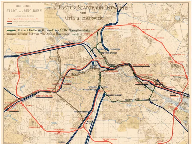 The image shows an old map of the city of Berlin, Germany, with red, blue, and black lines...