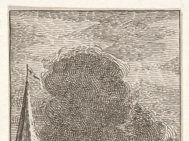 The image shows a black and white drawing of a building engulfed in flames, with a few people...