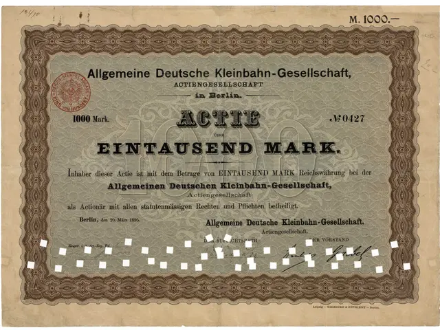 The image shows an old German stock certificate issued by the German government, with text and a...