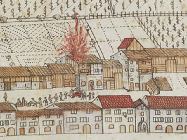 The image shows a drawing of a city with a fire in the middle of it, surrounded by houses and...