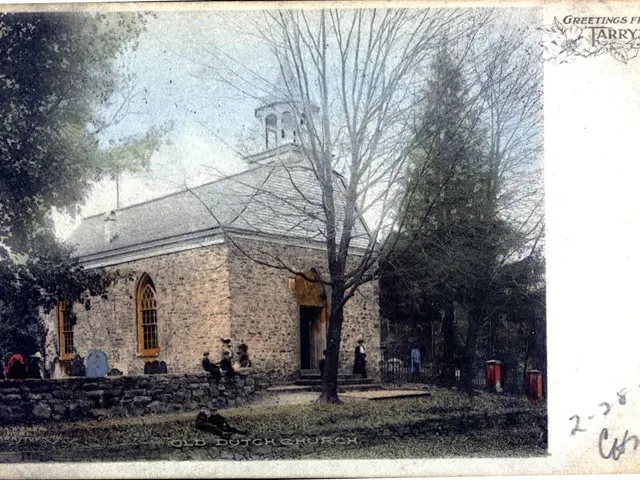 The image shows an old Dutch church in Tarrytown, New York, with a group of people standing in...