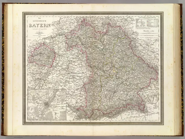 The image shows an old book with a map of Bavaria on it. The map is detailed and shows the various...
