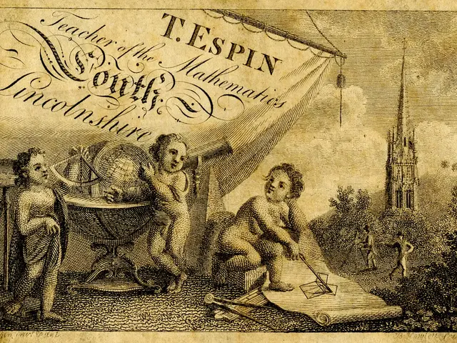 The image shows an old book with a drawing of a group of children playing with a globe, surrounded...