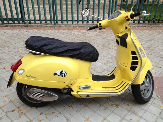 The image shows a yellow Vespa GTS 300 Super ABS scooter parked on the side of a street, with a...