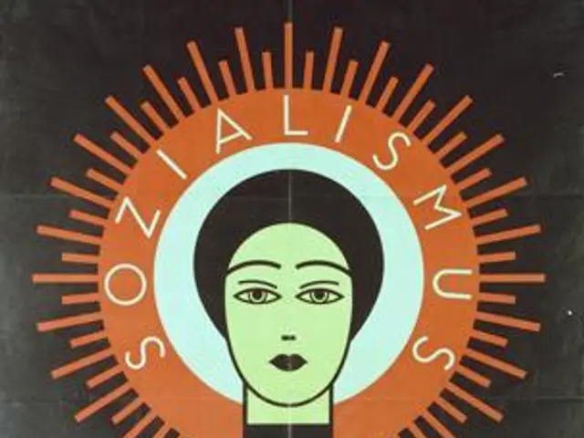 The image shows a poster for the International Solidarity Movement in 1928, featuring a woman's...