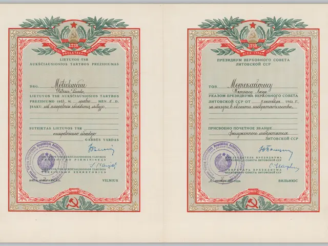The image shows an old book with two certificates on it, each with text and stamps. The...