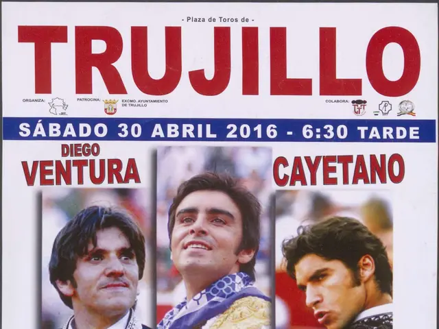The image shows a poster advertising a bullfight in Madrid, Spain. It features three people in...