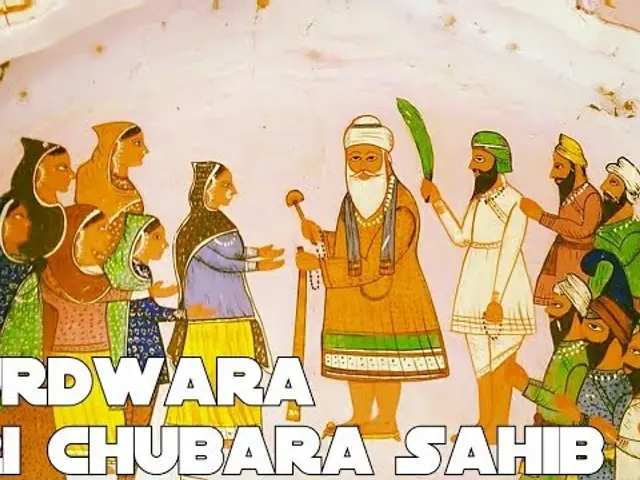 The image shows a painting of a group of people standing in front of a wall with the words...