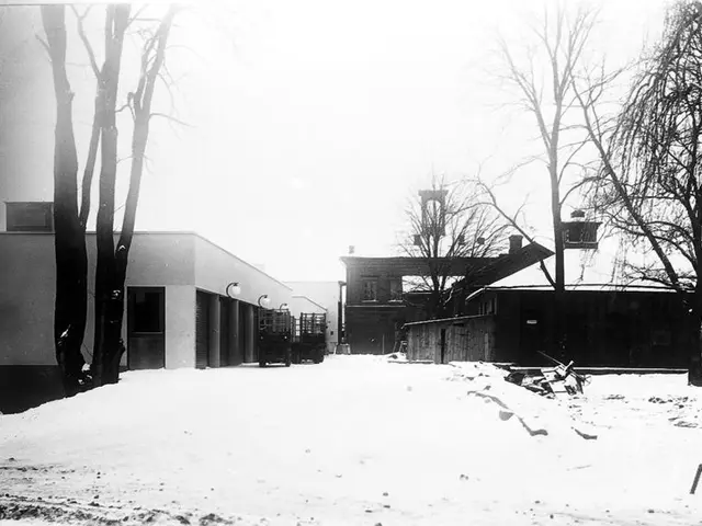 The image shows a black and white photo of a snowy street with a building in the background,...