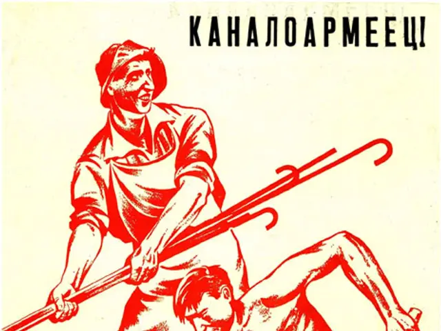The image shows a Soviet propaganda poster with a red and white image of two men holding shovels,...