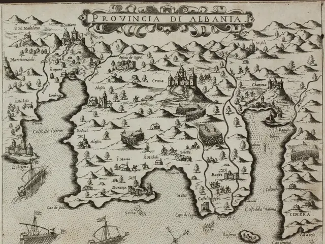 The image shows a poster of a map of the provinces of Albania, with text and images of boats and...