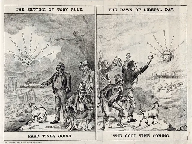 The image shows a paper with two pictures and text on it, depicting the setting of Tory rule and...