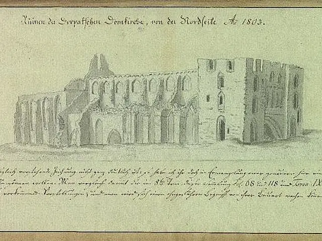 The image shows a drawing of the ruins of a church in Germany, with a paper containing a detailed...