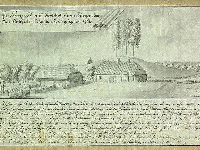 The image shows an old document with a drawing of a farm in the middle of a field, surrounded by...
