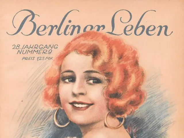 The image shows a woman with red hair wearing a fur coat on the cover of a Berliner Leben magazine....