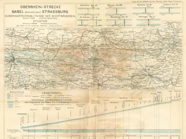 The image shows an old map of the Basel-Strasburg area of Germany, with text and lines indicating...