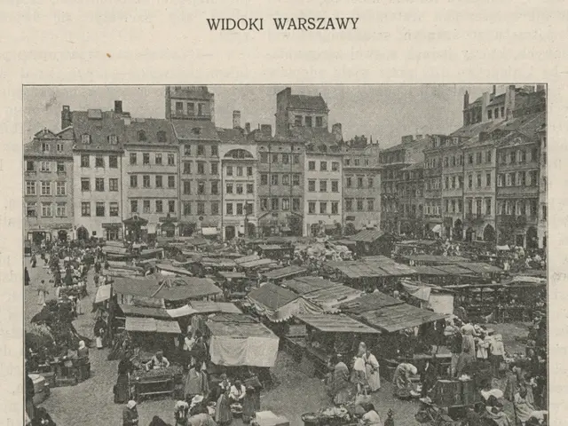 The image shows an old black and white photo of a bustling market in Warsaw, Poland. There are many...