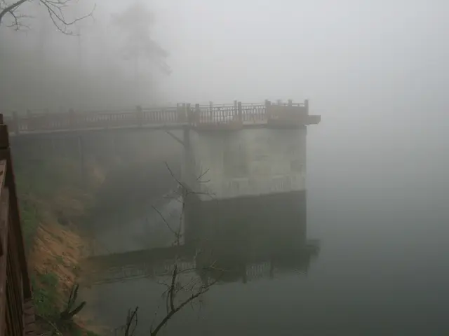 The image shows a bridge over a body of water shrouded in fog, with a wooden fence on the left side...