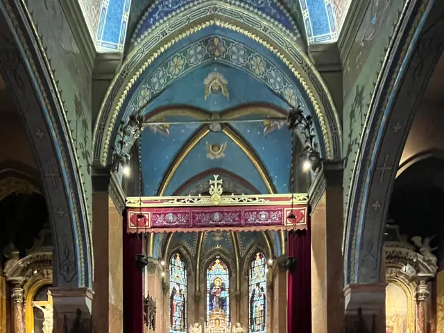 The image shows the interior of a church with a checkered floor, wooden benches on either side, a...