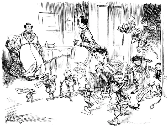 The image shows a cartoon of a doctor visiting a group of people in a room. The doctor is sitting...