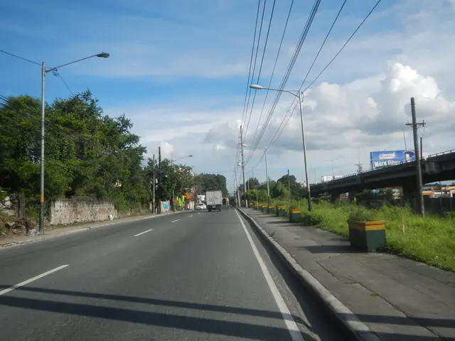 The image shows an empty arterial road with vehicles driving on it, light poles, electric poles...