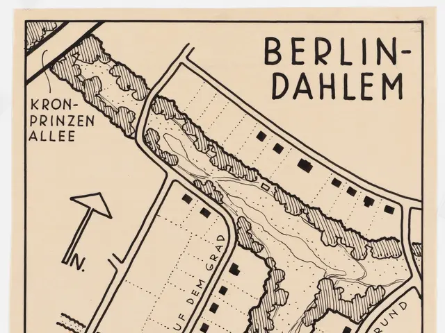 The image shows a poster with a map of Berlin-Dahlem, Germany, with text written on it. The map is...