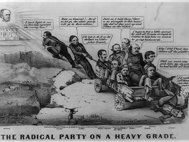 The image shows a political cartoon depicting a radical party on a heavy grade. It is a black and...