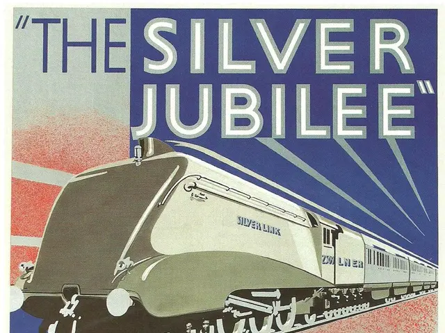 The image shows a poster advertising the Silver Jubilee, a British first streamline train from...