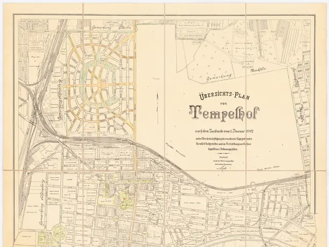 The image shows an old map of the city of Tempelhof, Germany, with text written on it. The map is...