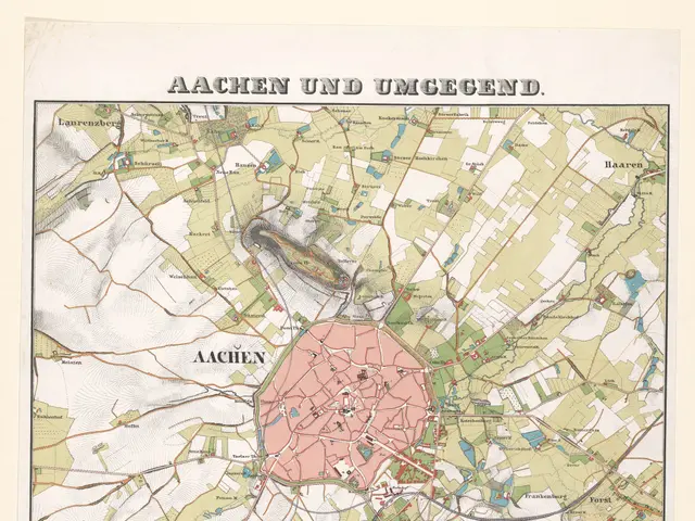 The image shows an old map of the city of Aachen, Germany, with text at the top and bottom of the...