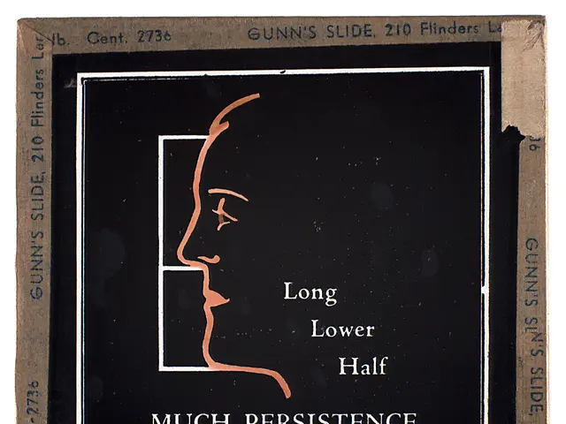 The image shows a black and white photo of a person's face with the words "long lower half much...