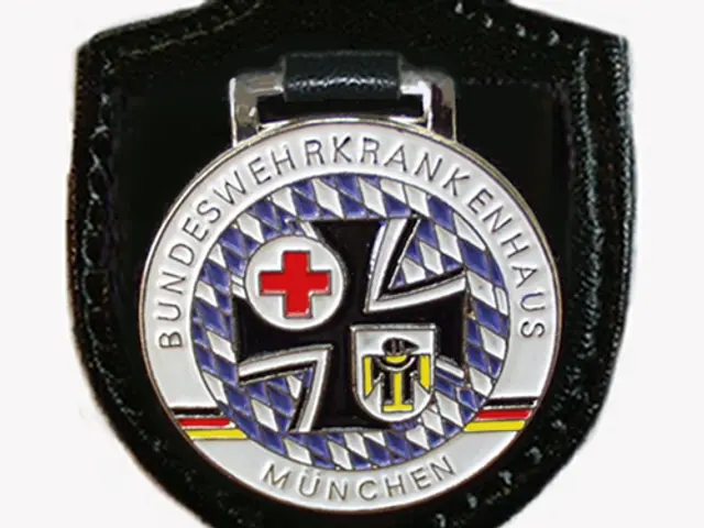 The image shows a black leather patch with a red cross on it, which is the logo of the German Red...