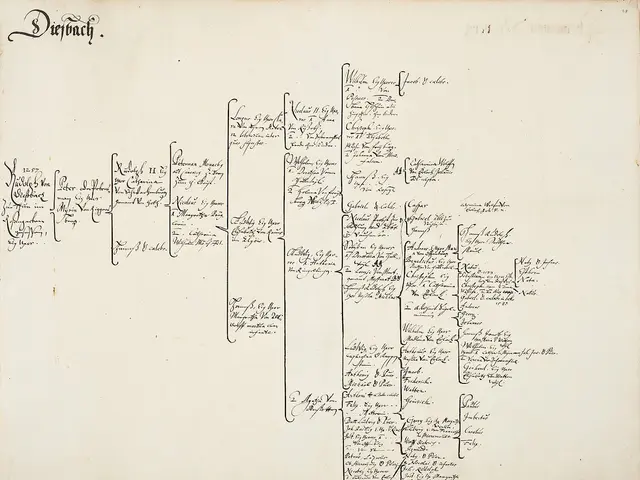 The image shows an open book with handwriting on it, which is a genealogical chart of the family...