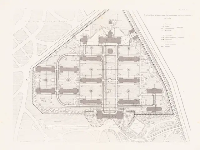 The image shows a black and white drawing of a plan of a building with a lot of rooms, which is the...