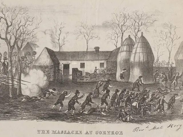 The image shows a group of people in a field with a fire in the middle of it, surrounded by trees...