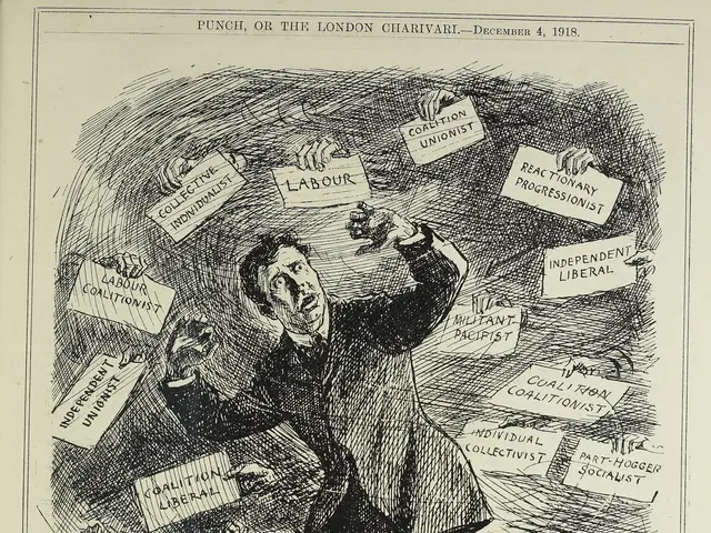 The image shows a paper with a drawing of a man in a suit and tie holding a sign that reads "The...