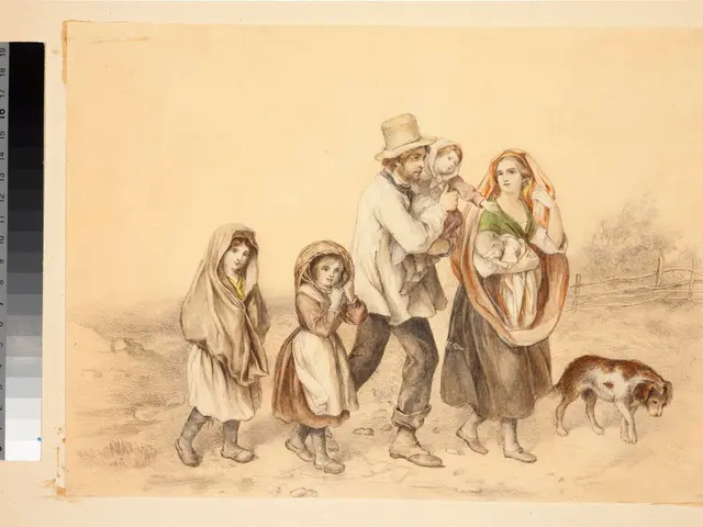 The image shows a group of people walking down a dirt road, with a dog at their side. In the...