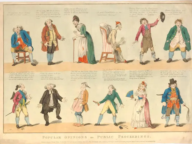 The image shows a paper with pictures of people and text written on it, depicting popular opinions...